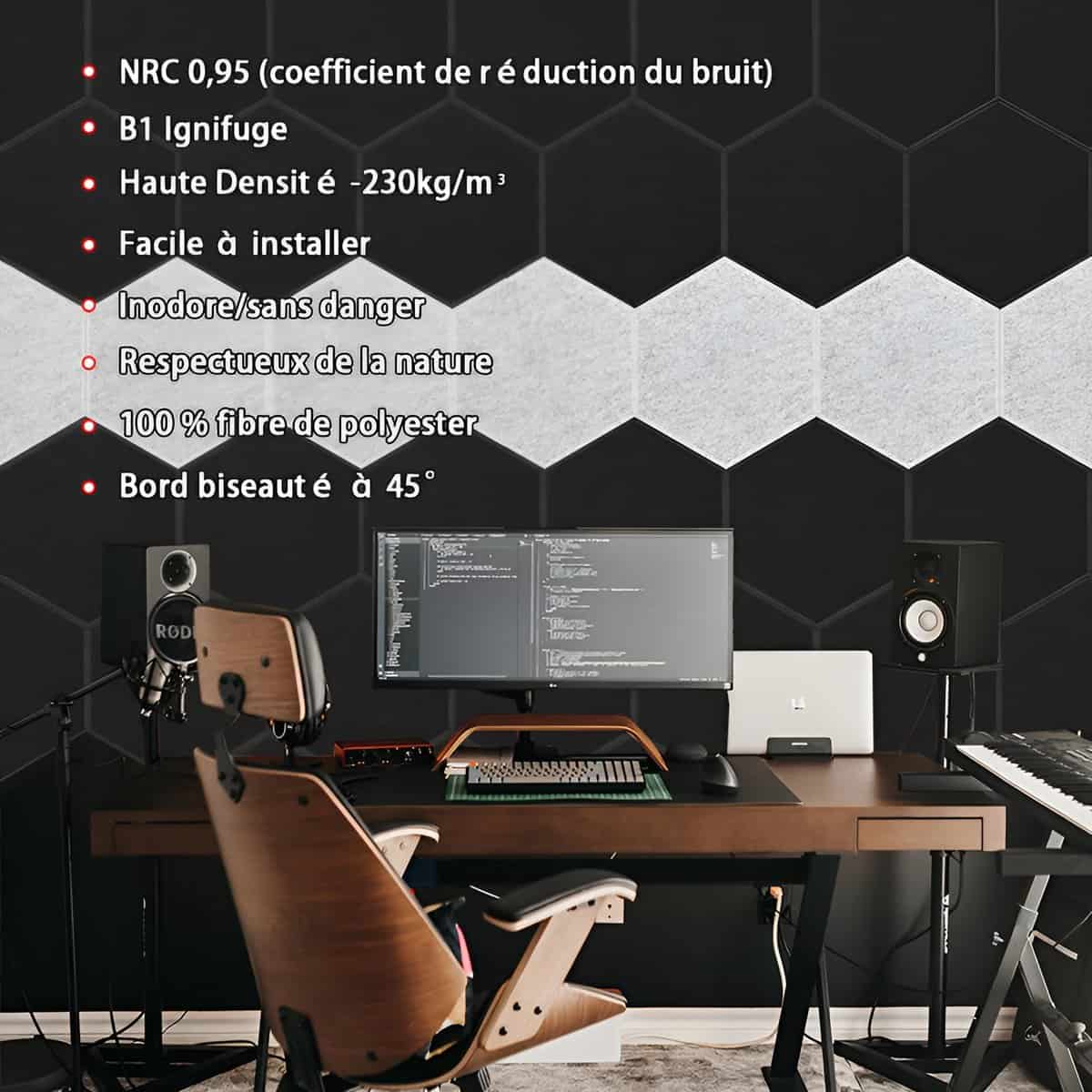 Mousse acoustique studio hexagonale, isolation sonore NRC 0,95, 30x26cm.