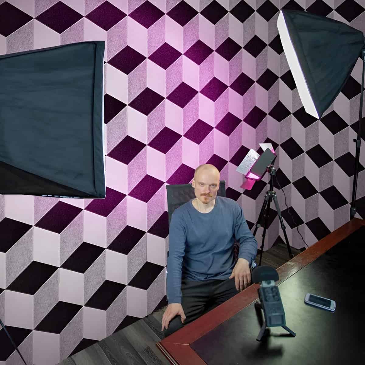 Mousse acoustique design 24 pièces 15x15 cm murale rose et noire.