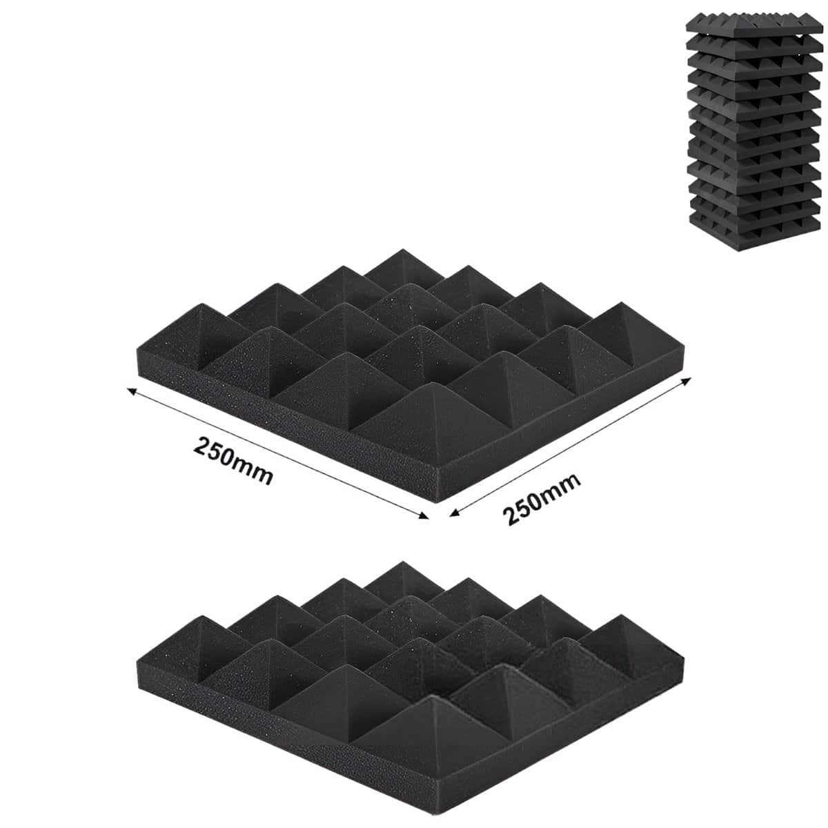Mousse acoustique piano noire, 250x250x50mm, 12 pièces, absorption sonore.
