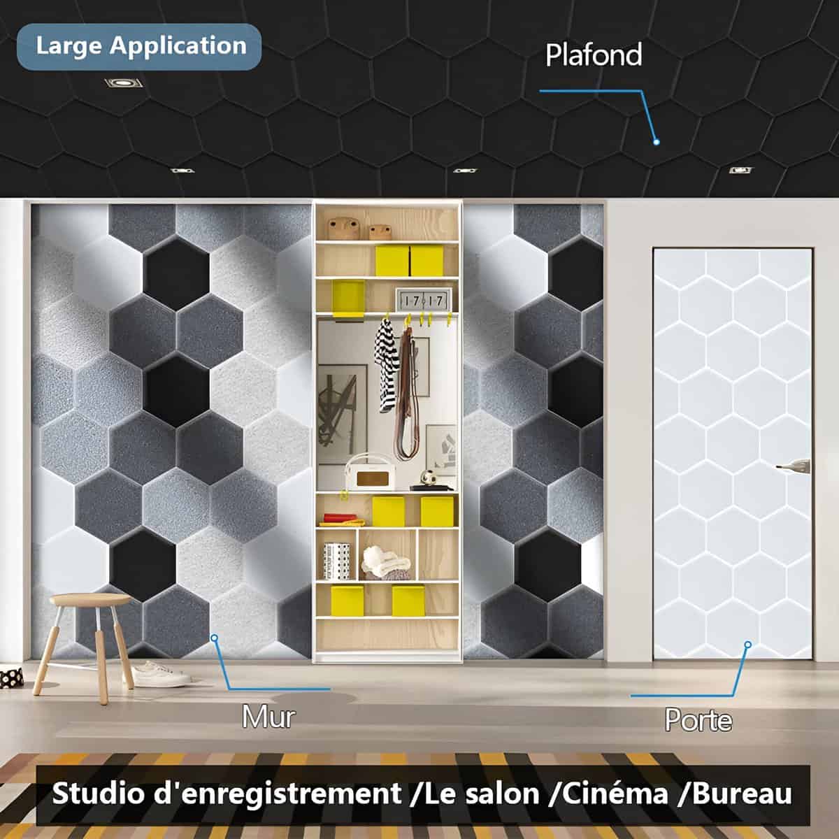 Mousse acoustique hexagonale pour studio, mur, plafond et porte.
